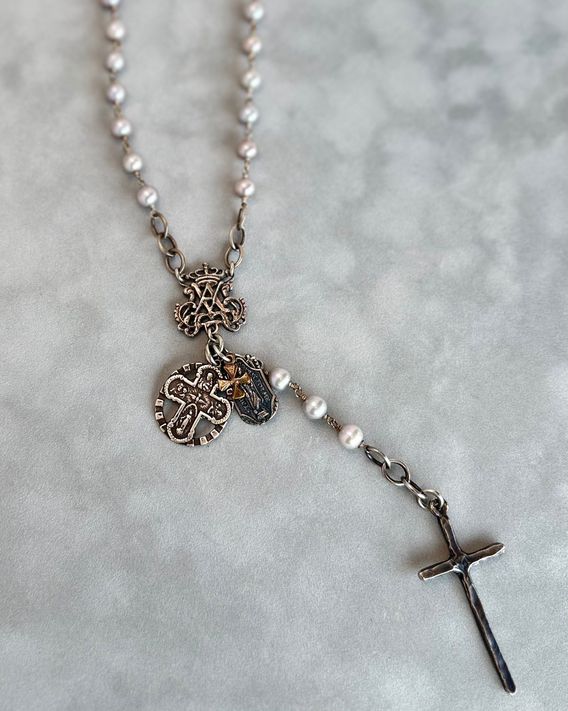 All Saints Grey Pearl Rosary Necklace