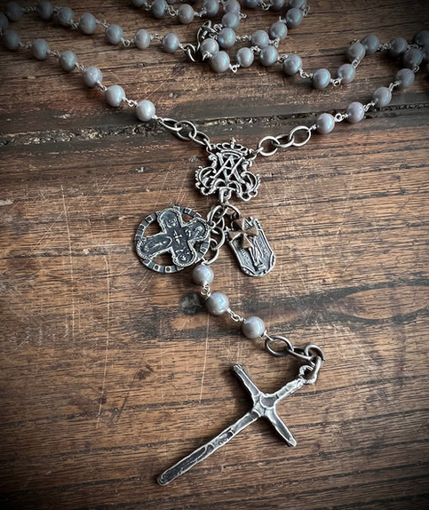 All Saints Grey Pearl Rosary Necklace